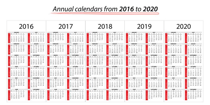 Årlig stadsplanerarekalender från 2016 till 2020 vektor illustrationer Årlig stadsplanerarekalender från 2016 till 2020 vektor illustrationer