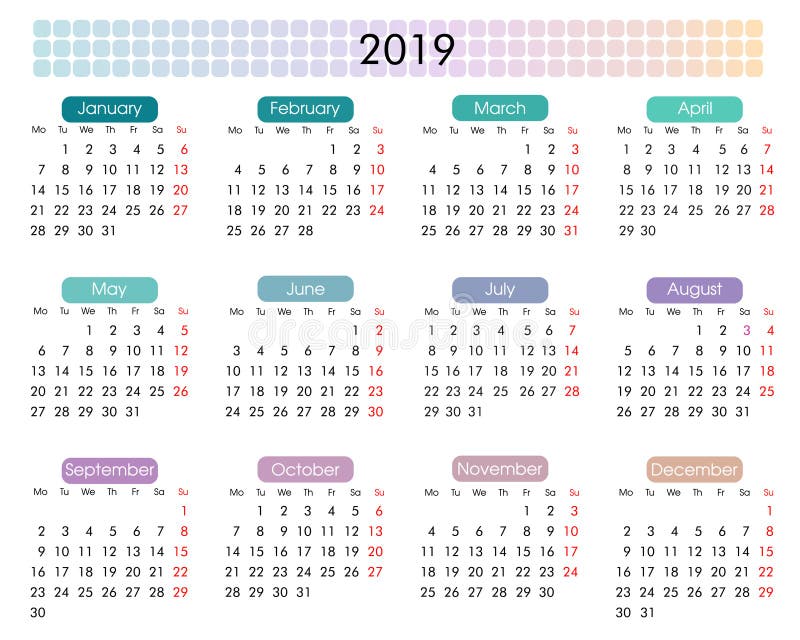 2019 årliga kalender i en minimalist geometrisk stil vektor illustrationer 2019 årliga kalender i en minimalist geometrisk stil vektor illustrationer