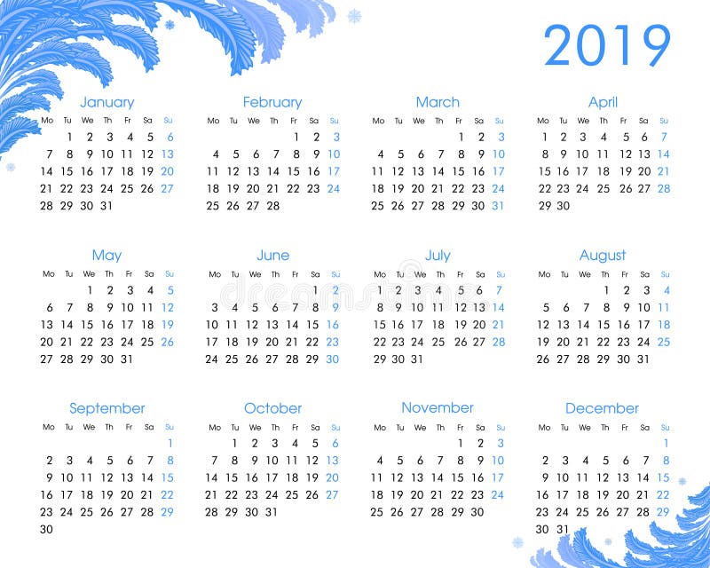 2019 årliga kalender med frostiga modeller vektor illustrationer 2019 årliga kalender med frostiga modeller vektor illustrationer