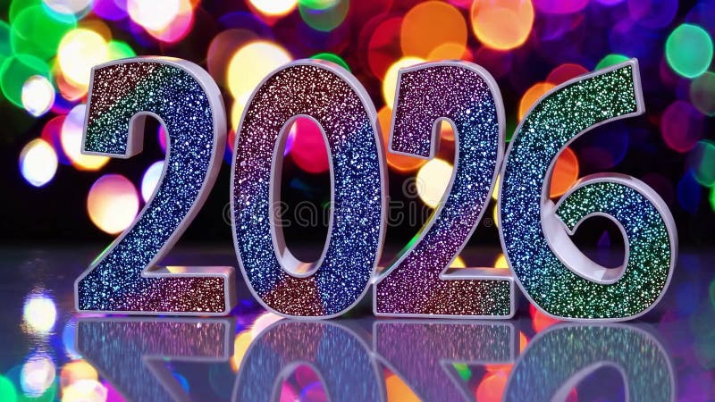 2026 års glitter-tecken reflekterar på en yta med vibrerande, färgstarka bokeh-ljus i bakgrunden och skapar ett framträdande arkivfilmer