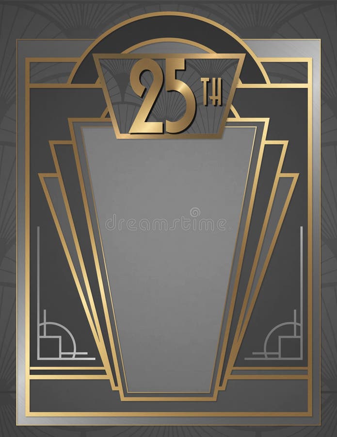 25-årsjubileum Art Deco Inbjudan Flyer Poster Art Elegant Gold Silver vektor illustrationer