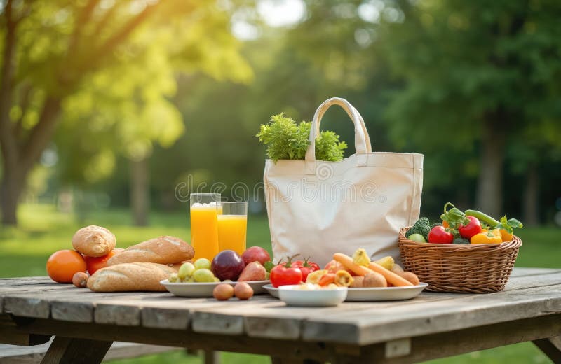 Återanvändbara konsumtionsmatdrycker med picknick i påsen. Hållbart och miljövänligt köpsystem utomhus. Sommarfest. Orange fotografering för bildbyråer