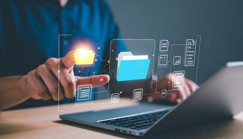 Åtgärd för hantering av digitala filer, kontorsyta grafisk representation rengör miljöstängningsvy vektor illustrationer