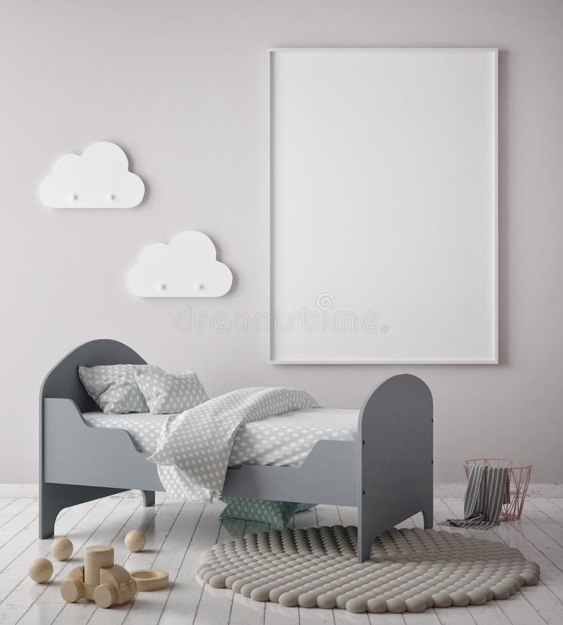 Åtlöje upp affischram i barnsovrummet, inre bakgrund för scandinavian stil, 3D framför stock illustrationer