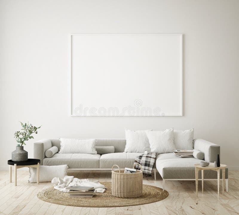 Åtlöje upp affischram i inre bakgrund för hipsteren, vardagsrum, skandinavisk stil, 3D framför, illustrationen 3D vektor illustrationer