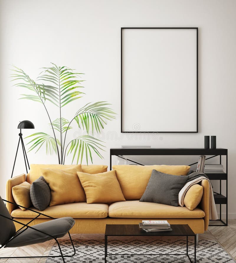 Åtlöje upp affischram i inre bakgrund för hipsteren, vardagsrum, skandinavisk stil, 3D framför, illustrationen 3D royaltyfri illustrationer