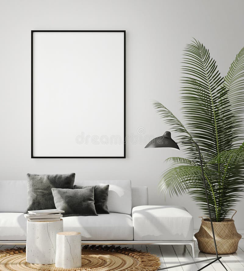 Åtlöje upp affischram i inre bakgrund för hipsteren, vardagsrum, skandinavisk stil, 3D framför, illustrationen 3D stock illustrationer