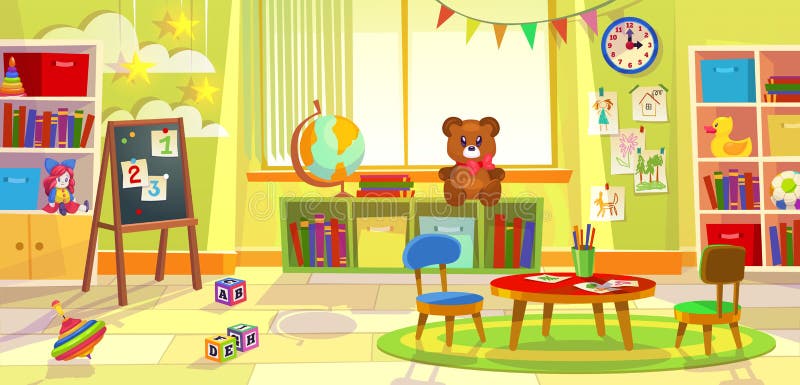 Żartuje playroom Dziecina dziecka mieszkania sali lekcyjnej uczenie zabawek preschool gemowej izbowej klasy stołowi krzesła ilustracji