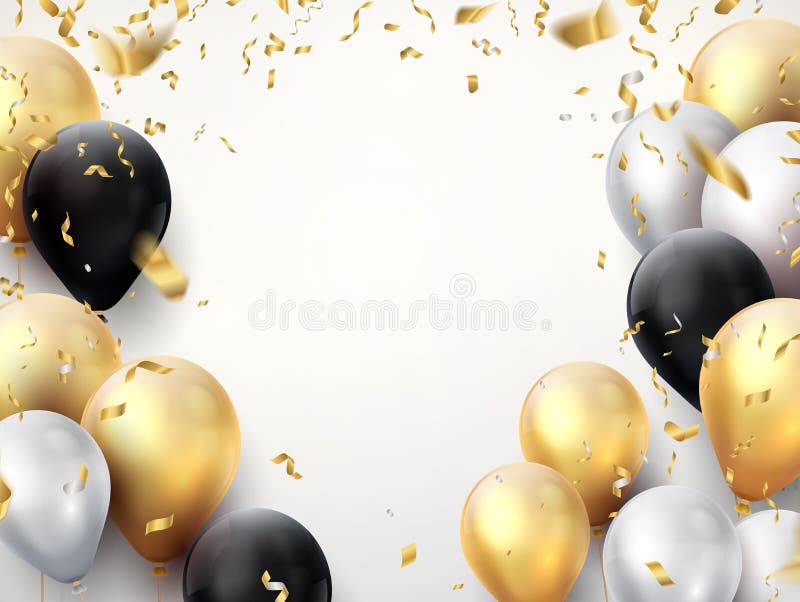 Świętowanie sztandar Wszystkiego najlepszego z okazji urodzin przyjęcia tło z złotymi faborkami, confetti i balonami, Realistyczn