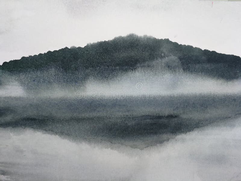 水彩绘的墨水风景山反射雾的河 向量例证 水彩绘的墨水风景山反射雾的河 向量例证