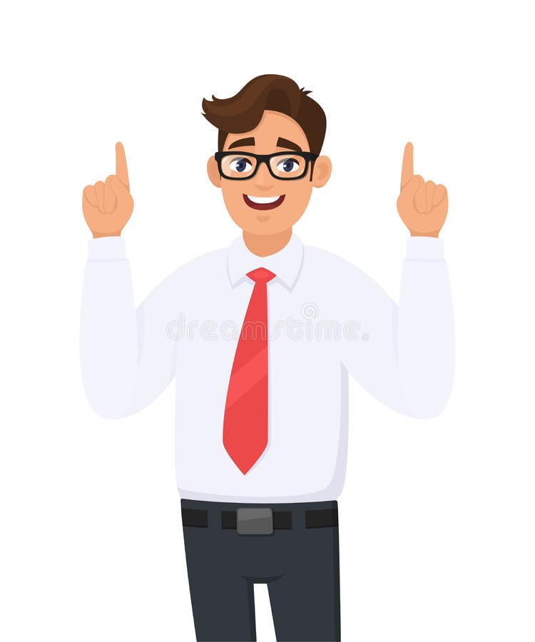 指向手食指的年轻愉快的商人画象,广告产品的概念,介绍某事 向量例证 指向手食指的年轻愉快的商人画象,广告产品的概念,介绍某事 向量例证