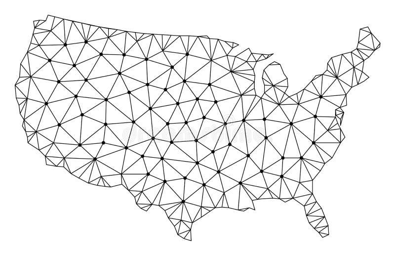 Polygonal mesh map of USA in black color. Abstract mesh lines, triangles and points with map of USA. Wire frame 2D polygonal line network in vector format. Carcass model for patriotic templates. Polygonal mesh map of USA in black color. Abstract mesh lines, triangles and points with map of USA. Wire frame 2D polygonal line network in vector format. Carcass model for patriotic templates.