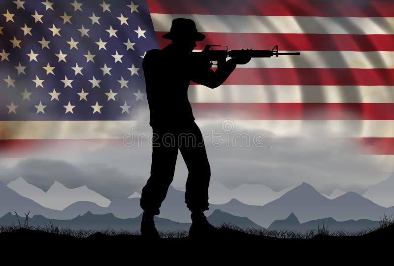 US Soldiers, circa 1960`s vietnam era, against a mountain and flag background. Digital Illustration. US Soldiers, circa 1960`s vietnam era, against a mountain and flag background. Digital Illustration.