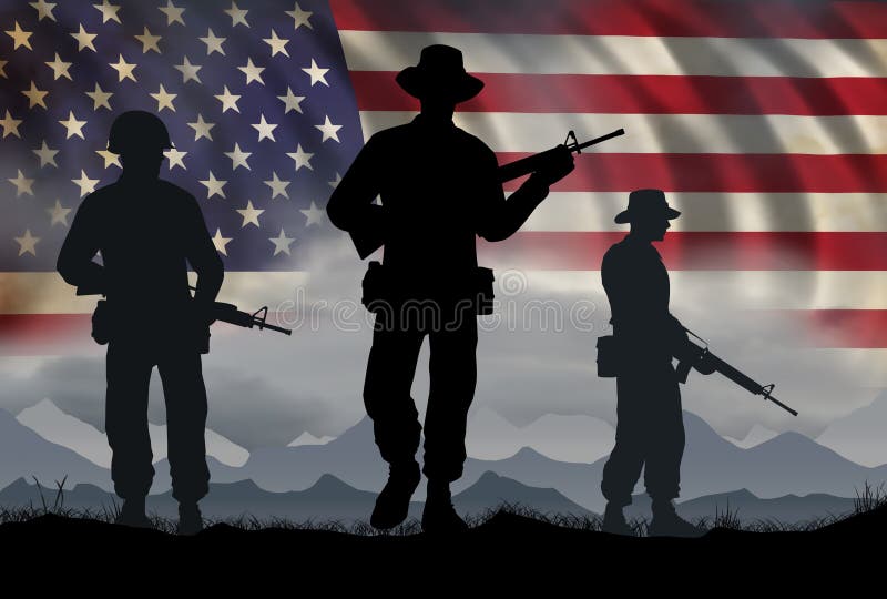 US Soldiers, circa 1960`s vietnam era, against a mountain and flag background. Digital Illustration. US Soldiers, circa 1960`s vietnam era, against a mountain and flag background. Digital Illustration.