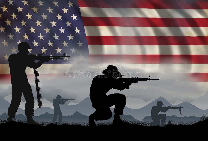 US Soldiers, circa 1960`s vietnam era, against a mountain and flag background. Digital Illustration. US Soldiers, circa 1960`s vietnam era, against a mountain and flag background. Digital Illustration.