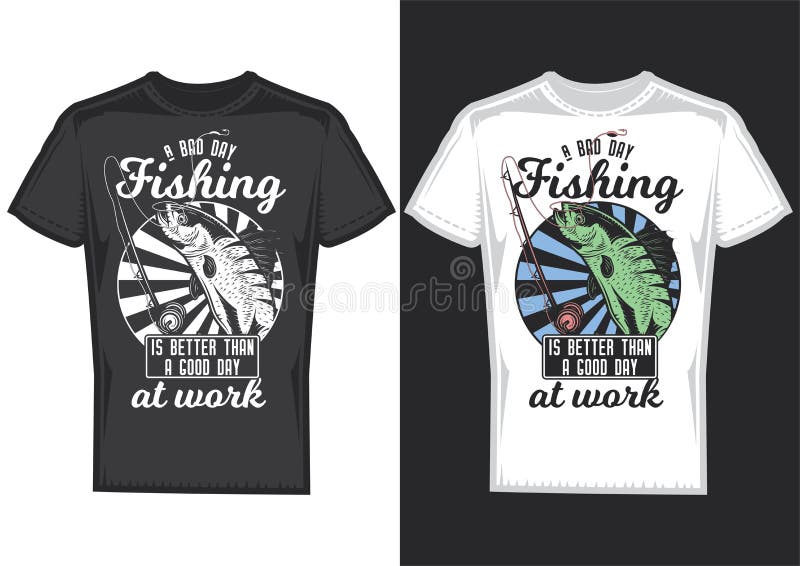 échantillons de conception de tshirt avec l'illustration d'un poisson et une canne à pêche