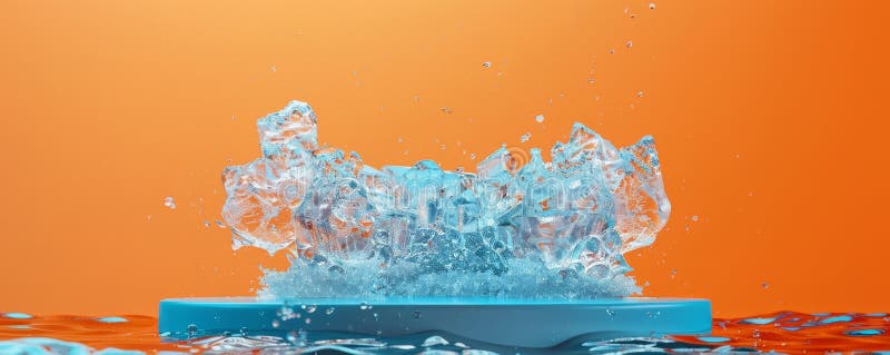 This eye-catching image captures a dynamic splash of water creating intricate shapes atop an ice blue podium, all set against a vibrant orange background. Ideal for illustrating concepts of motion, freshness, and the cooling nature of water. AI generated. This eye-catching image captures a dynamic splash of water creating intricate shapes atop an ice blue podium, all set against a vibrant orange background. Ideal for illustrating concepts of motion, freshness, and the cooling nature of water. AI generated