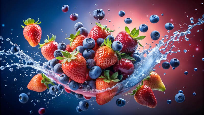 éclatement de baies : une symphonie colorée de fraises et de bleuets génatifs ai illustration libre de droits