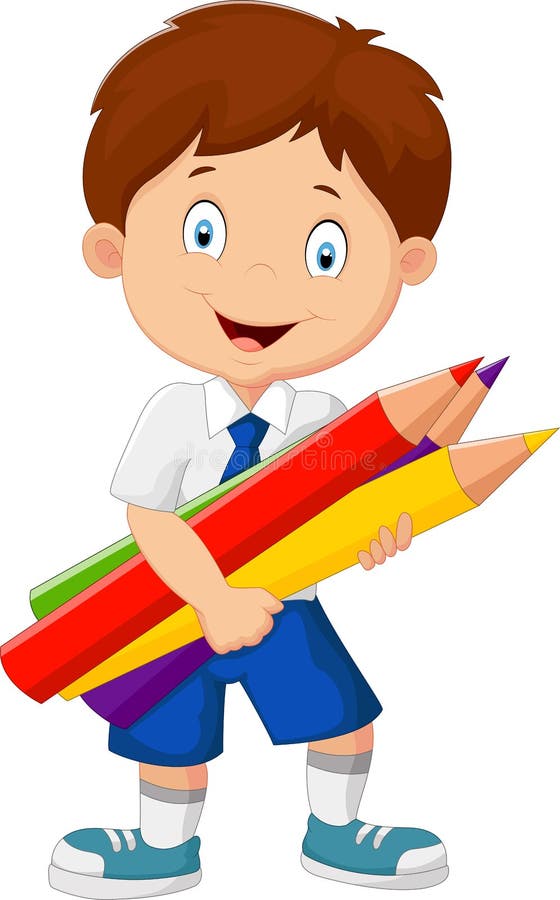 Écolier de bande dessinée tenant les crayons colorés illustration de vecteur Écolier de bande dessinée tenant les crayons colorés illustration de vecteur