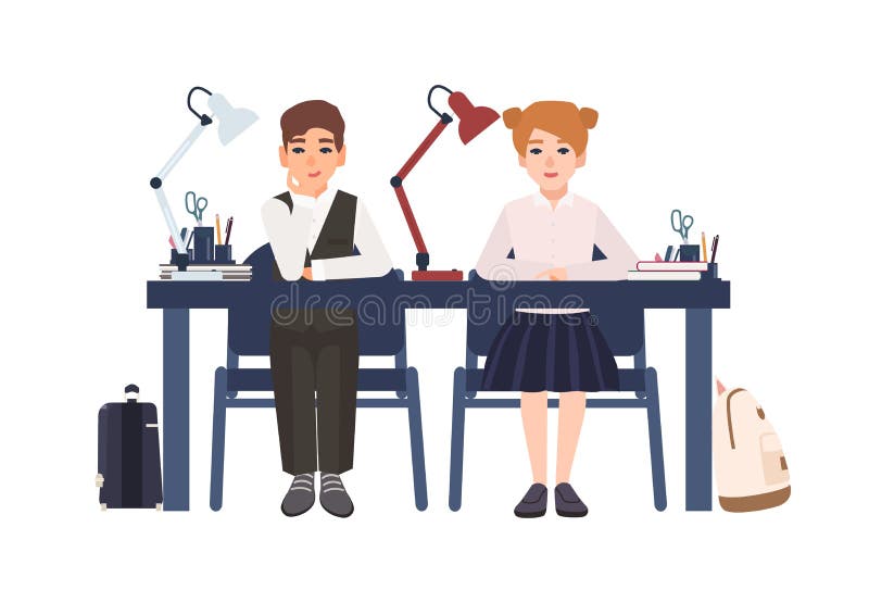 Écolier et fille primaires dans l'uniforme se reposant au bureau dans la salle de classe d'isolement sur le fond blanc Élèves de illustration stock Écolier et fille primaires dans l'uniforme se reposant au bureau dans la salle de classe d'isolement sur le fond blanc Élèves de illustration stock