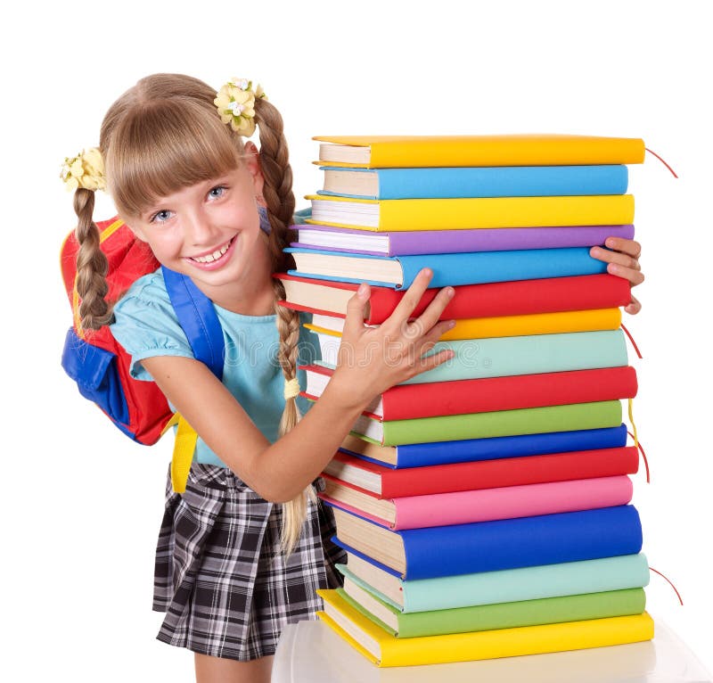Écolière avec la pile de fixation de sac à dos des livres. photo libre de droits Écolière avec la pile de fixation de sac à dos des livres. photo libre de droits