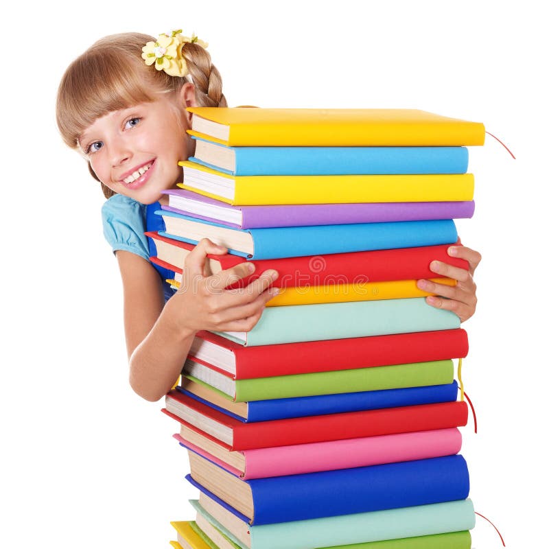 Écolière avec la pile de fixation de sac à dos des livres. image libre de droits Écolière avec la pile de fixation de sac à dos des livres. image libre de droits