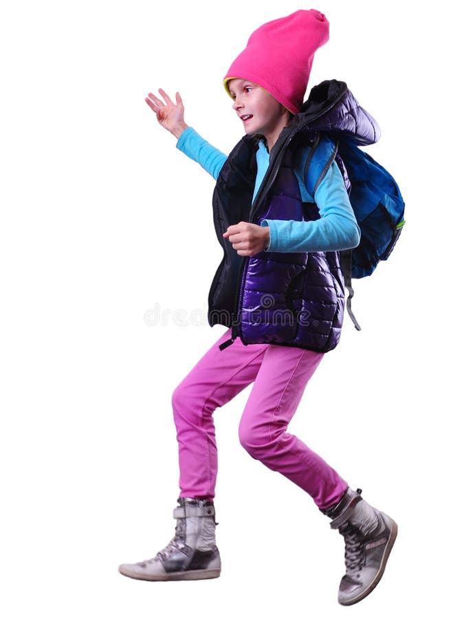Écolière ou voyageur heureuse s'exerçant, courant et sautant photos stock Écolière ou voyageur heureuse s'exerçant, courant et sautant photos stock