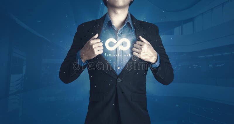 Circular economy with infinite concept. Business man showing arrow infinity symbol and future background. Graph showing the earnings, profits of business shares in good feedback. Heart of economics. Circular economy. Circular economy with infinite concept. Business man showing arrow infinity symbol and future background. Graph showing the earnings, profits of business shares in good feedback. Heart of economics. Circular economy.