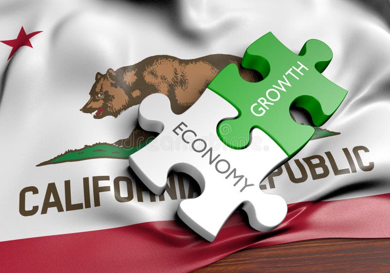 3D render of two puzzles pieces with the words `economy` and `growth` lying on top of the flag of California. 3D render of two puzzles pieces with the words `economy` and `growth` lying on top of the flag of California.