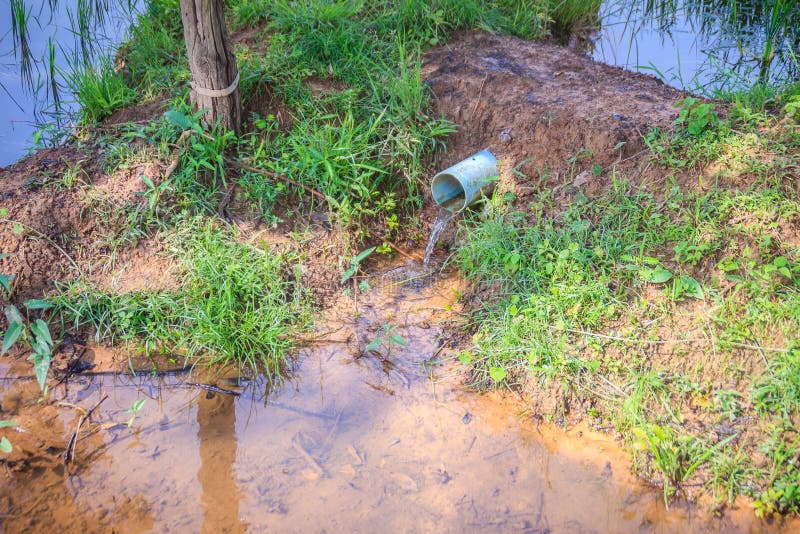 Écoulement d'eau sur le tuyau bleu de drainage de PVC dans la ferme de riz P utilisé par agriculteur photo libre de droits Écoulement d'eau sur le tuyau bleu de drainage de PVC dans la ferme de riz P utilisé par agriculteur photo libre de droits