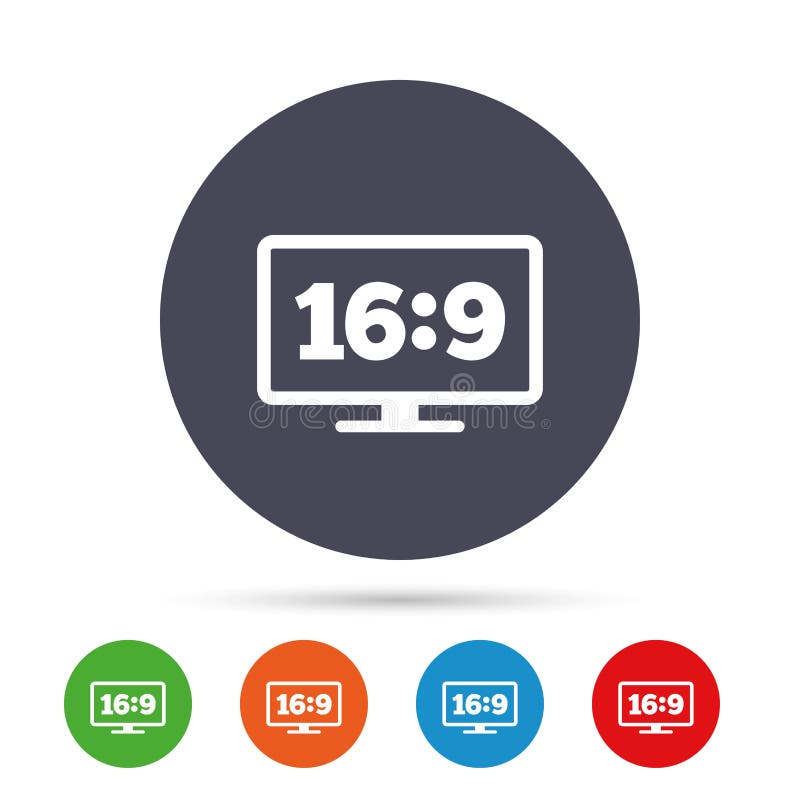 Aspect ratio 16:9 widescreen tv sign icon. Monitor symbol. Round colourful buttons with flat icons. Vector. Aspect ratio 16:9 widescreen tv sign icon. Monitor symbol. Round colourful buttons with flat icons. Vector