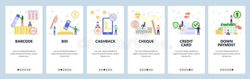 Écrans d'intégration d'applications mobiles Enchère, remboursement, carte de crédit, chèque, acompte, échéancier de prêt Bannière illustration de vecteur