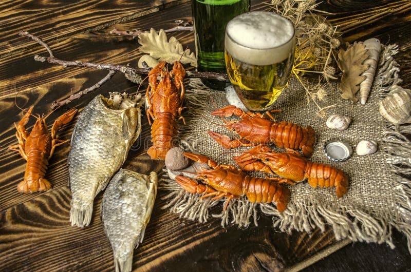 Écrevisses rouges bouillies avec les poissons salés secs, le verre avec de la bière et une bouteille de bière image libre de droits Écrevisses rouges bouillies avec les poissons salés secs, le verre avec de la bière et une bouteille de bière image libre de droits