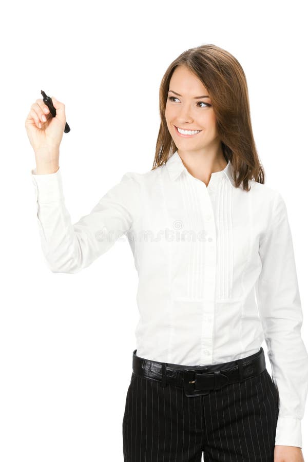 Écriture de femme d'affaires, sur le blanc images libres de droits Écriture de femme d'affaires, sur le blanc images libres de droits