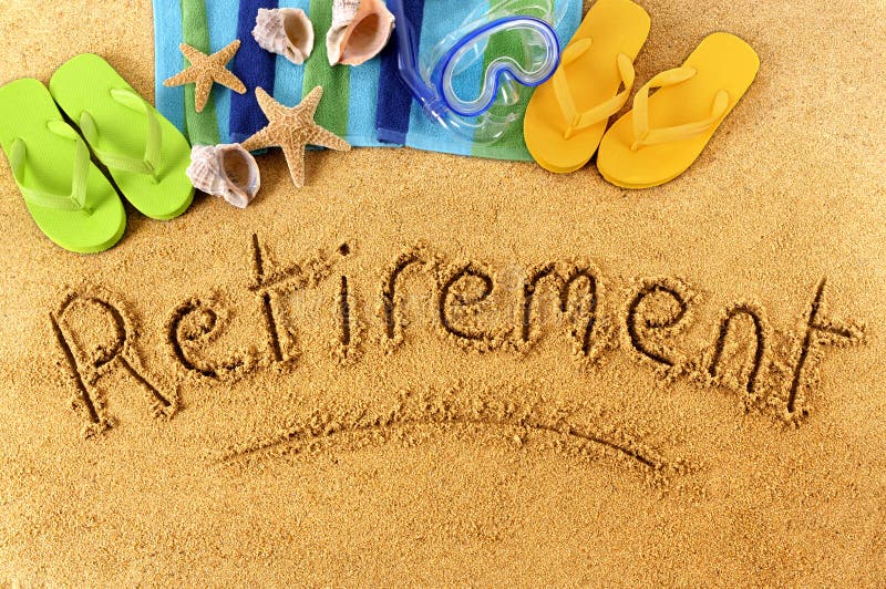 Retirement beach background with towel and flip flops and words written in sand. Retirement beach background with towel and flip flops and words written in sand.