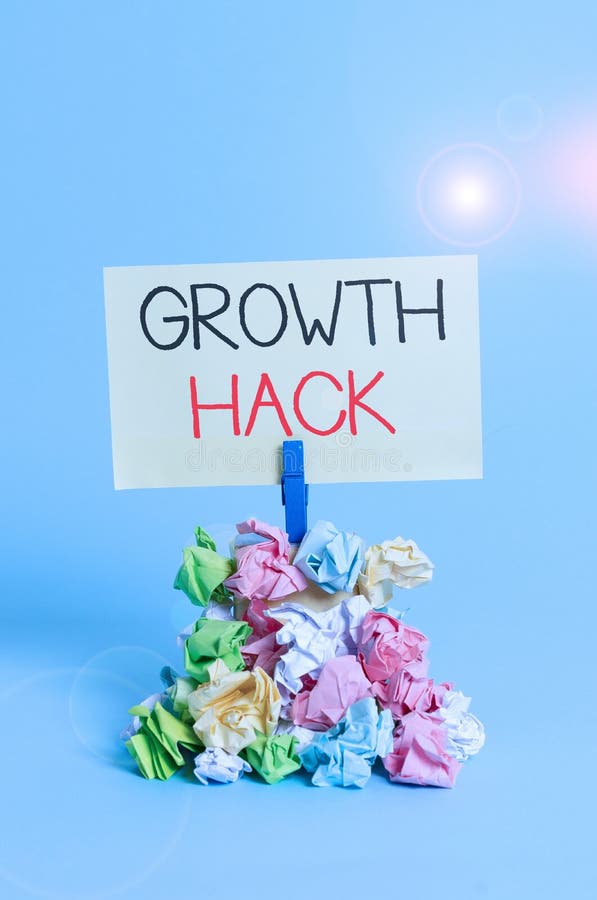 Word writing text Growth Hack. Business photo showcasing generally to acquire as analysisy users or customers as possible Reminder pile colored crumpled paper clothespin reminder blue background. Word writing text Growth Hack. Business photo showcasing generally to acquire as analysisy users or customers as possible Reminder pile colored crumpled paper clothespin reminder blue background