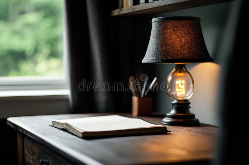 écriture vintage nook une escapade d'écriture vintage avec un bureau à roulettes antique doucement éclairé par une lampe à huile a photographie stock
