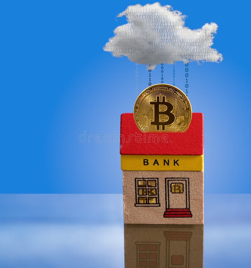 Édifice bancaire de jouet avec des capitaux de bitcoin photo stock Édifice bancaire de jouet avec des capitaux de bitcoin photo stock