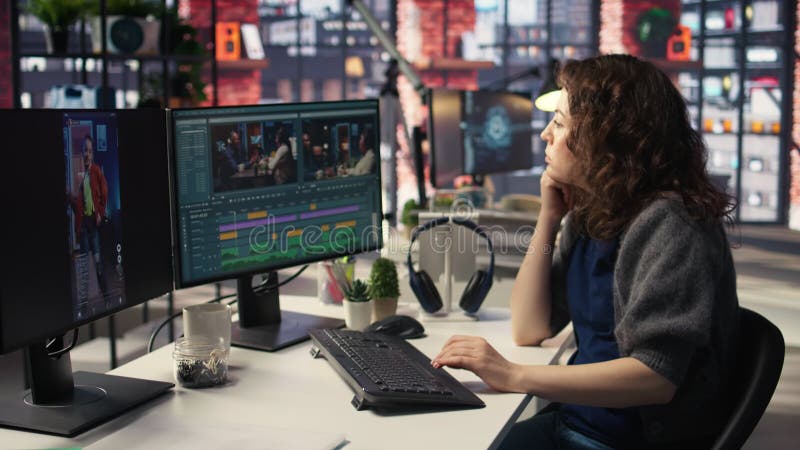 Éditeur experte travaillant dans l'industrie de la production vidéo au bureau de l'agence clips vidéos