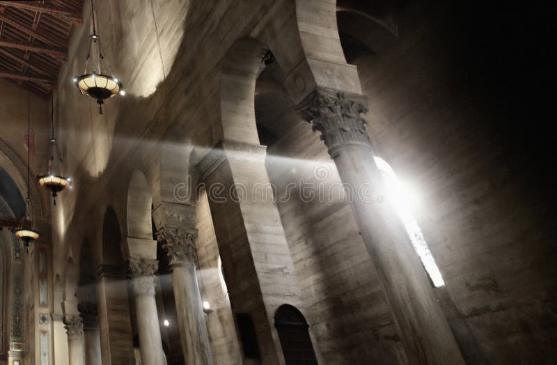 Cathedral's nave with columns and light coming in from a window. Cathedral's nave with columns and light coming in from a window