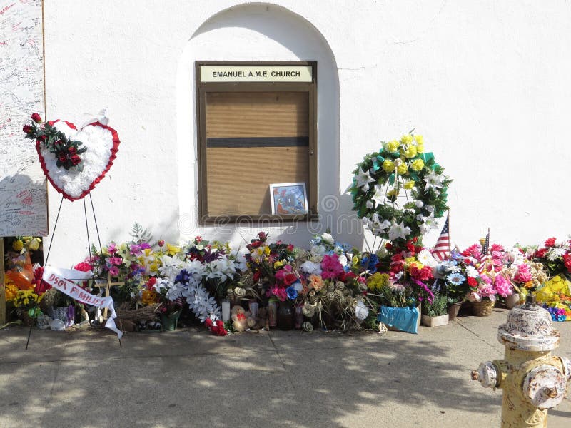 Memorial. This urban church was the scene of a horrific mass shooting, June 17, 2015, during which the senior pastor and nine parishioners were killed by shooter motivated by racial hatred. Picture taken August 2015. Memorial. This urban church was the scene of a horrific mass shooting, June 17, 2015, during which the senior pastor and nine parishioners were killed by shooter motivated by racial hatred. Picture taken August 2015.