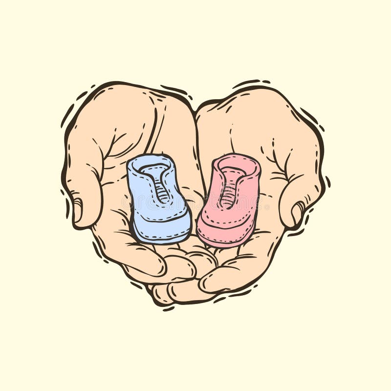 Hand drawn vector illustration of the two hands holding a small booties. Baby shower party. Twins boy and girl. Hand drawn vector illustration of the two hands holding a small booties. Baby shower party. Twins boy and girl