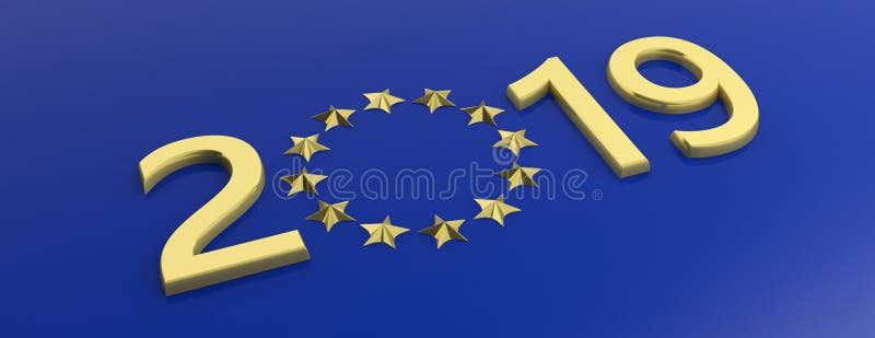 Élection d'Union européenne Le nombre de l'or 2019 et les étoiles d'or entourent sur le fond bleu illustration 3D illustration stock Élection d'Union européenne Le nombre de l'or 2019 et les étoiles d'or entourent sur le fond bleu illustration 3D illustration stock