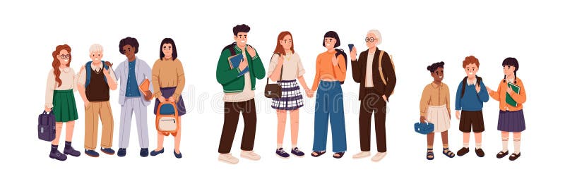 Happy students of elementary, middle and high school set. Groups of classmates, friends of different stages, grades, ages. Children with backpacks stand. Flat isolated vector illustration on white. Happy students of elementary, middle and high school set. Groups of classmates, friends of different stages, grades, ages. Children with backpacks stand. Flat isolated vector illustration on white.