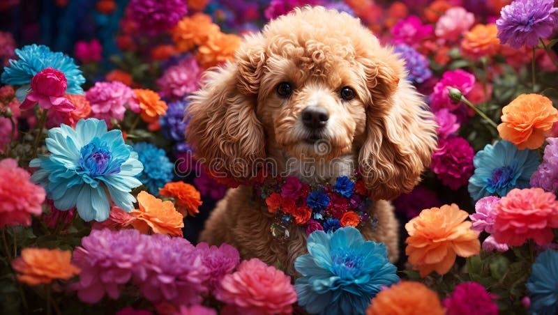 élégance florale : poodle pose au milieu d'une symphonie colorée de fleurs en fleurs illustration libre de droits