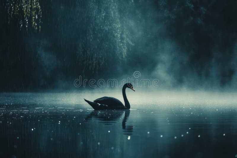 Élégant cygne noir glissant sur la surface sereine du lac. Le cygne noir gracieux se déplace en douceur à travers un lac calme symbolisant le mystère de beauté et l'élégance de la nature. IA générée