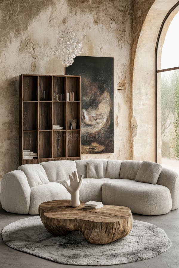 Élégant salon rustique avec canapé incurvé table basse en bois et grande fenêtre illustration libre de droits