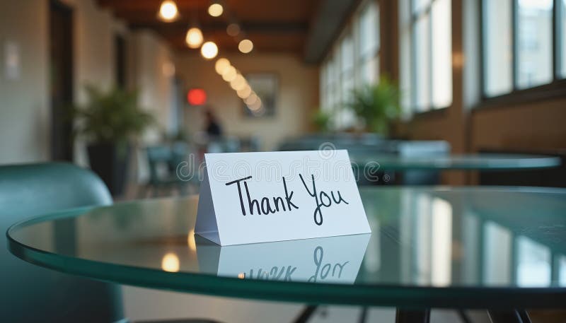 élégante carte de remerciements sur table en verre dans confortable café intérieur parfait pour les thèmes de gratitude illustration de vecteur