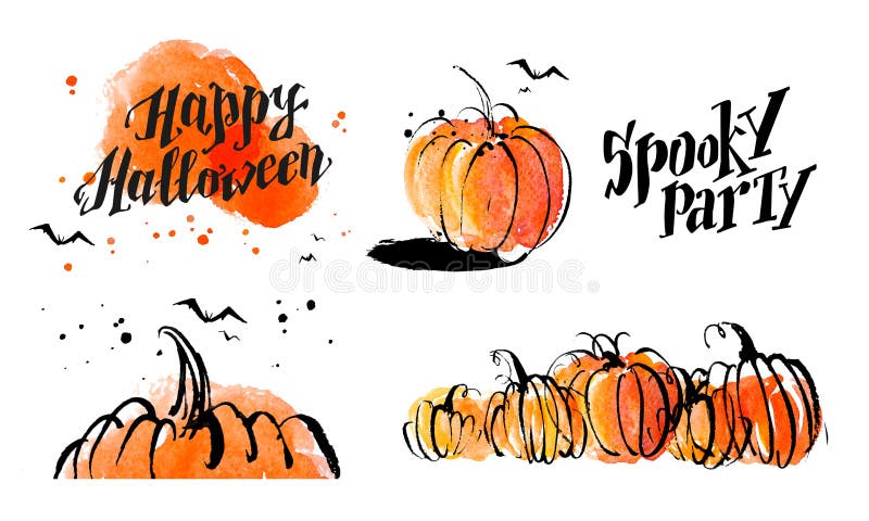Éléments artistiques tirés par la main de décoration de potiron et d'horreur d'aquarelle de Halloween sur la collection blanche d illustration de vecteur Éléments artistiques tirés par la main de décoration de potiron et d'horreur d'aquarelle de Halloween sur la collection blanche d illustration de vecteur