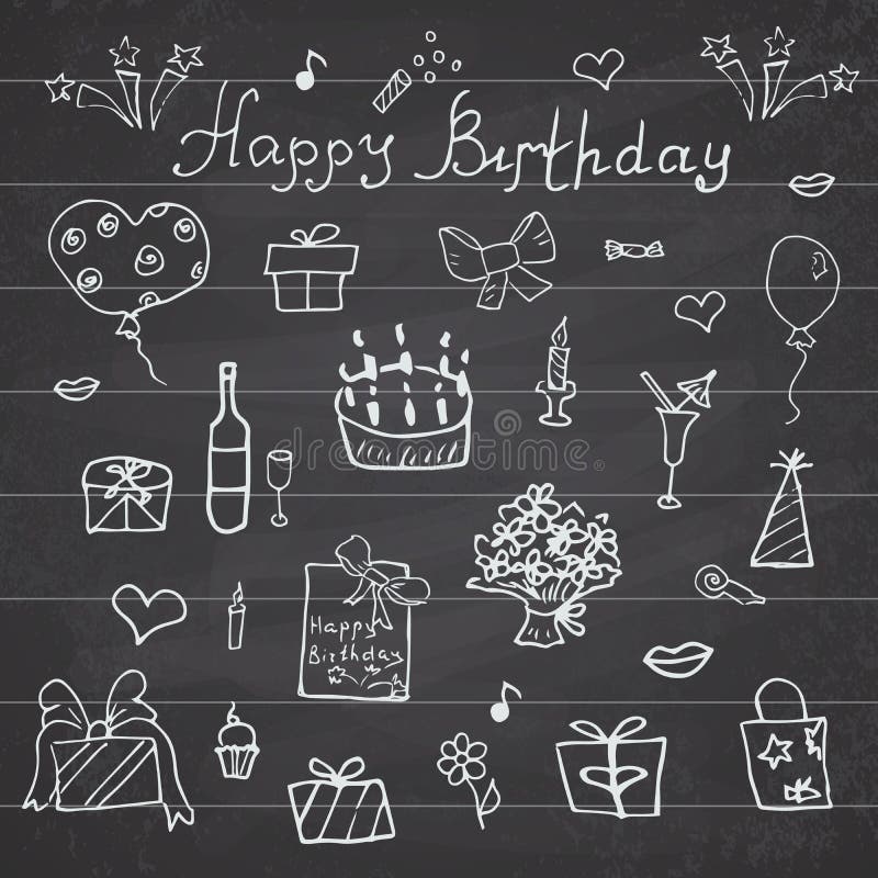Éléments d'anniversaire Ensemble tiré par la main avec le gâteau d'anniversaire, les ballons, le cadeau et les attributs de fête illustration stock Éléments d'anniversaire Ensemble tiré par la main avec le gâteau d'anniversaire, les ballons, le cadeau et les attributs de fête illustration stock